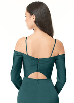 Azazie Hallie Bridesmaid Dresses Pine Sheath Off-The-Shoulder Long Sleeve Stretch Satin Convertible Dress image8