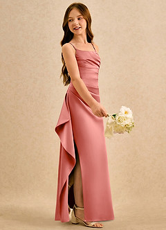 Azazie Cannoli Girls Formal Robe Demoiselle D'honneur Fillette Robe Trapèze en Mat Satiné Plissée Rose Saumon image4