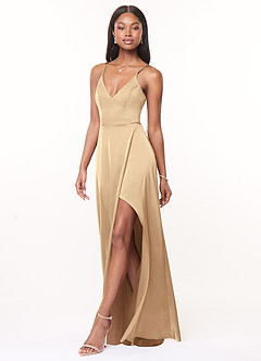 Azazie Maksim Robes de demoiselle d'honneur Robe Trapèze en Satin extensible Col en V Champagne image4