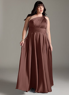 Azazie Charlize Bridesmaid Dresses Espresso A-Line One Shoulder Stretch Satin Dress image11