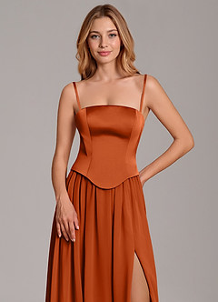 Azazie Cadence Vestidos de damas de honor Vestido de Naranja Quemada de Satén Elástico de Corte en A Convertible con Corsé image2