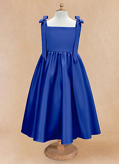 Azazie Chelsie vestidos de niña de las flores Vestido de Azul Real de Satin Mate de Corte en A con Lazo image5