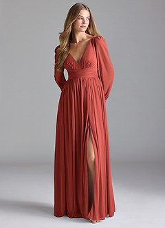 Azazie Norah Bridesmaid Dresses Terracotta A-Line Mesh Dress image3