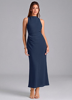 Azazie Evadne Vestidos de damas de honor Vestido de Azul Marino Oscuro de Gasa de Corte Recto con Plisado image3