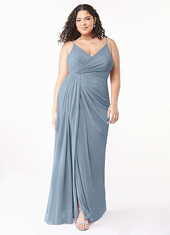 Azazie Evalin Brautjungfernkleider A-Linie V-Hals Gefaltet Gittergewebe Kleid Staubblau image7