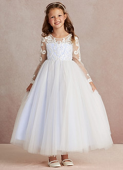 Azazie Elodie Flower Girl Dresses Ivory Lavender Ball-Gown Lace Dress image3