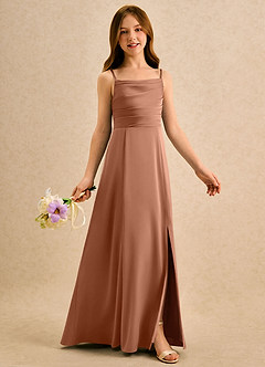 Azazie Chamomile Girls Formal Flower Girl Dresses Bronzer A-Line Pleated Stretch Satin Dress image2