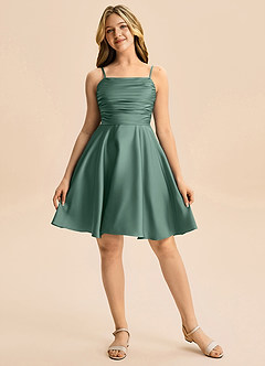 Azazie Miko Junior Eucalyptus A-Line Pleated Stretch Satin Dress image5