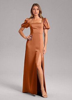 Azazie Fyona Bridesmaid Dresses Copper A-Line Pleated Stretch Satin Dress image1