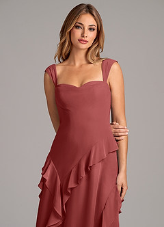 Azazie Sloane At-home Try On Dresses Terracotta A-Line Sweetheart Neckline Chiffon Dress image7