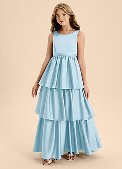 Azazie Meadowyn Junior Vestido de Azul Cielo de Satén Elástico de Corte En A con Lazo image4