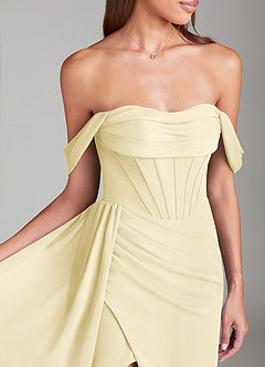Azazie Amyra Bridesmaid Dresses Lemon Sorbet Sheath Off the Shoulder Chiffon Convertible Dress image5