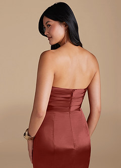 Azazie Yola Bridesmaid Dresses Terracotta Sheath Pleated Metallic Satin Dress image3