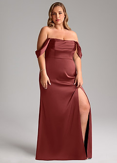 Azazie Saige Bridesmaid Dresses Terracotta Sheath Off the Shoulder Stretch Satin Dress image13