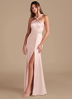 Azazie Rue Bridesmaid Dresses Blushing Pink Mermaid Pleated Metallic Satin Dress image5