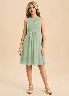 Azazie Skyla Junior A라인 주름진 쉬폰 미니 주니어 신부 들러리 드레스 image3