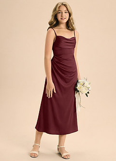 Azazie Mai Junior 쉬스 주름진 스트레치 새틴 티 길이 주니어 신부 들러리 드레스 image5