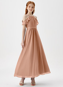 Azazie Chaya Junior Champagne Rose A-Line Off the Shoulder Chiffon Dress image6