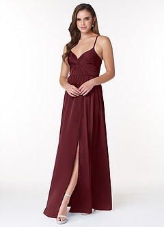 Azazie Raya Final Sale Cabernet A-Line V-Neck Pleated Stretch Satin Dress image3