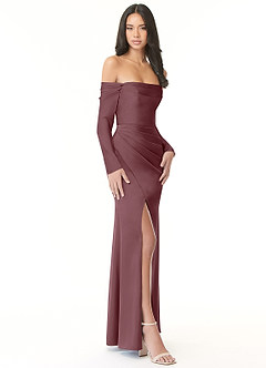 Azazie Hallie Vestidos de damas de honor Vestido de Sangrado de Satén Elástico de Recto Convertible con Manga larga con hombros descubiertos image5