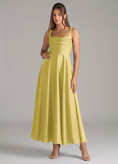 Azazie Shaude Jurken voor bruidsmeisjes Jurk van Stretch Satijn met A-Lijn Geplooid Kanarie image1