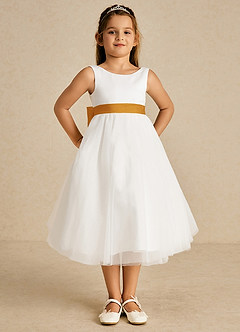 Azazie Kavi Flower Girl Dresses Ivory Butterscotch A-Line Bow Matte Satin Dress image2