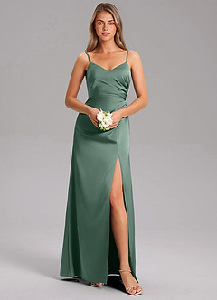 Azazie Azuree At-home Try On Dresses Dusty Sage A-Line Pleated Stretch Satin Dress image3