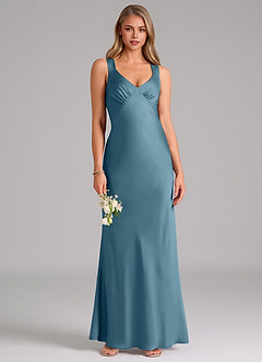 Azazie Kamila Brautjungfernkleider A-Linie Plissee Stretch-Satin Kleid Bermudablau image1