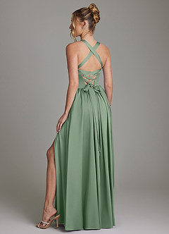 Azazie Francis Vestidos de damas de honor Vestido de Matcha de Satén Elástico de Corte en A con Corsé image7