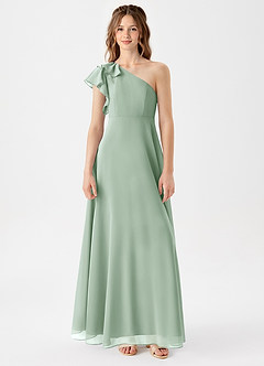 Azazie Arabella Junior Vestido de Agave de Gasa de Corte en A con Volante image3