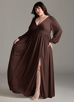 Azazie Norah Vestidos de damas de honor Vestido de Ganache de Gasa de Corte en A con Manga larga con cuello en V image10