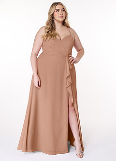 Azazie Naeem Robes de demoiselle d'honneur Robe Trapèze en Mousseline de soie Col V à volants Champagne Rosé image9