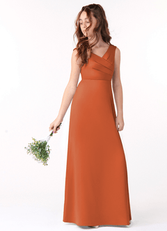 Azazie Sadia Junior Cinnamon A-Line Pleated Stretch Satin Dress image1