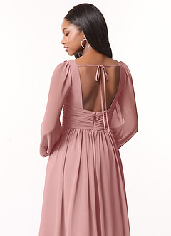 Azazie Norah Vestidos de damas de honor Vestido de Rosa Polvorienta de Gasa de Corte en A con Manga larga con cuello en V image3