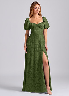 Azazie Mirian Bridesmaid Dresses Olive A-Line Sweetheart Neckline Floral Burnout Dress image1