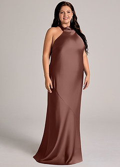 Azazie Velli At-home Try On Dresses Dusty Sage Mermaid High Neck Stretch Satin Dress image11