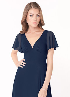 Azazie Kimber Robes de demoiselle d'honneur Robe Trapèze en Mousseline de soie Manches à volants Bleu Marine Foncé image4