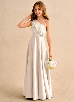 Azazie Puddles Junior Formal Jurken voor bloemenmeisjes A-Lijn Jurk van Mat Satijn One-Shoulder Wit Albast image6