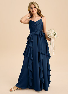 Azazie Peyton Junior Dark Navy A-Line Pleated Stretch Satin Dress image3