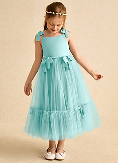 Azazie Jaci Robe Demoiselle D'honneur Fillette Robe Trapèze en Mousseline de soie Bretelle Spaghetti Aqua image6