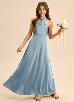 Azazie Beah Junior Dusty Blue A-Line Pleated Stretch Satin Dress image5