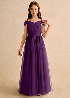 Azazie Yuna Girls Formal Abiti da Ragazza di Fiori Abito A-Line in Tulle Spalle Scoperte Uva image6