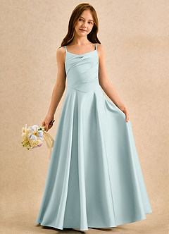 Azazie Coconut Girls Formal 플라워 걸 드레스 A라인 주름진 스트레치 새틴 플로어 길이 드레스 image3