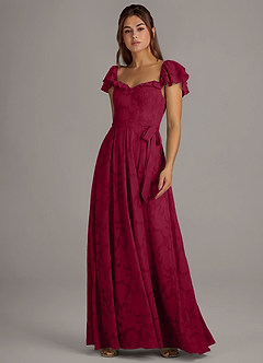 Azazie Aricella Bridesmaid Dresses Burgundy A-Line Corset Floral Burnout Dress image3