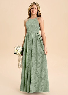 Azazie Arianthe Junior Dusty Sage A-Line Pleated Floral Burnout Dress image6