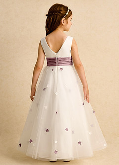 Azazie Cricket Flower Girl Dresses Ivory Dusty Rose Ball-Gown Pleated Matte Satin Dress image2