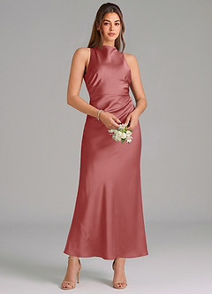 Azazie Evadne Vestidos de damas de honor Vestido de Rosa Antigua de Satén Elástico de Corte Recto con Plisado image3