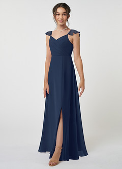 Azazie Amada Junior Dark Navy A-Line Ruched Chiffon Dress image3