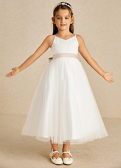 Azazie Lea vestidos de niña de las flores Vestido de Alabastro Blanco de Tul de Corte En A con Tirante Espagueti image1