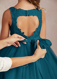 Azazie Calla Flower Girl Dresses Ink Blue Ball-Gown Lace Tulle Dress image5